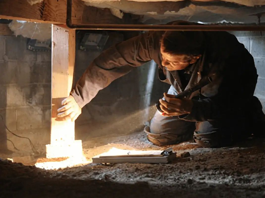 A professional inspecting wooden beams under the floor of a structure in Minneapolis, MN